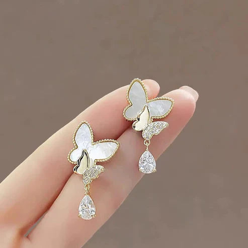 Elegant Double Butterfly Drop Earrings – Gold & White with Sparkling Teardrop Crystals